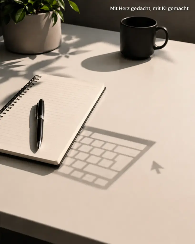 Neben einem Blatt Papier ist der Schatten einer Tastatur