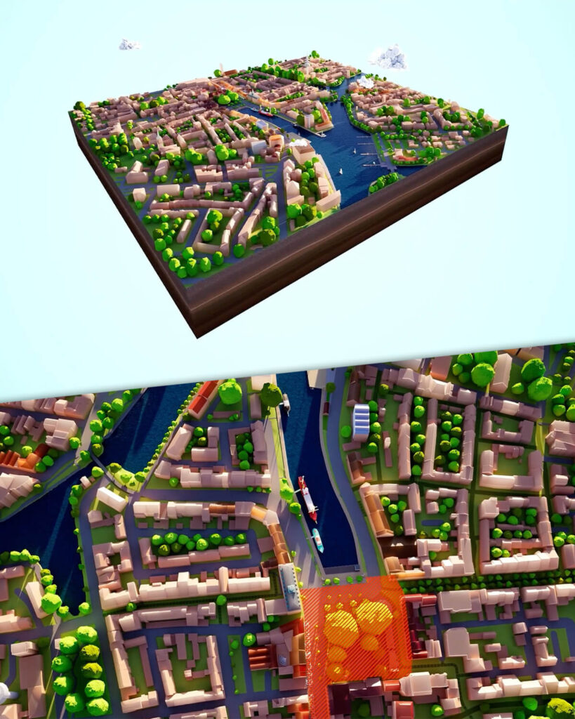 3D-animierte Stadtansicht von Emden mit Kanälen und Innenstadt