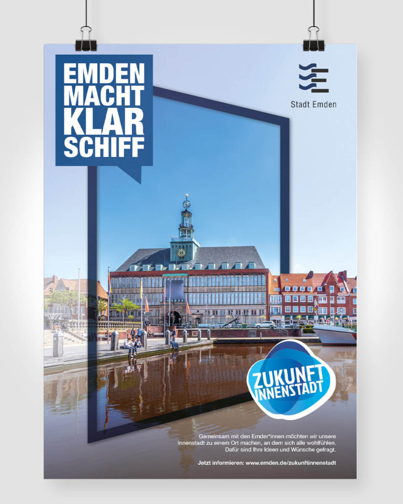 Kampagnenplakat „Zukunft Innenstadt“ mit dem Motto „Emden macht klar Schiff“