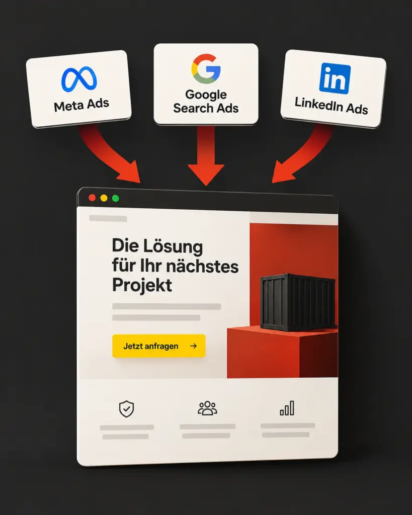 Meta, Google und LinkedIn Logos die auf eine Landingpage zeigen
